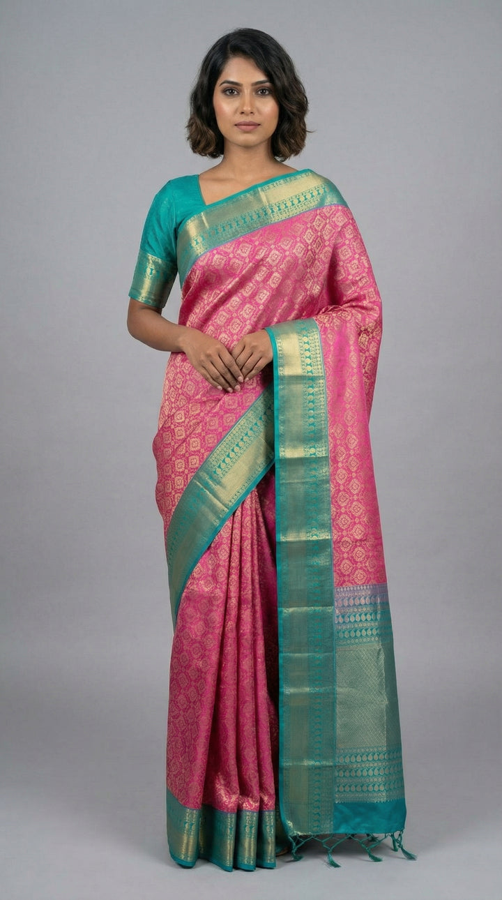 Rose Pink and Dual tone green Designer soft silk saree