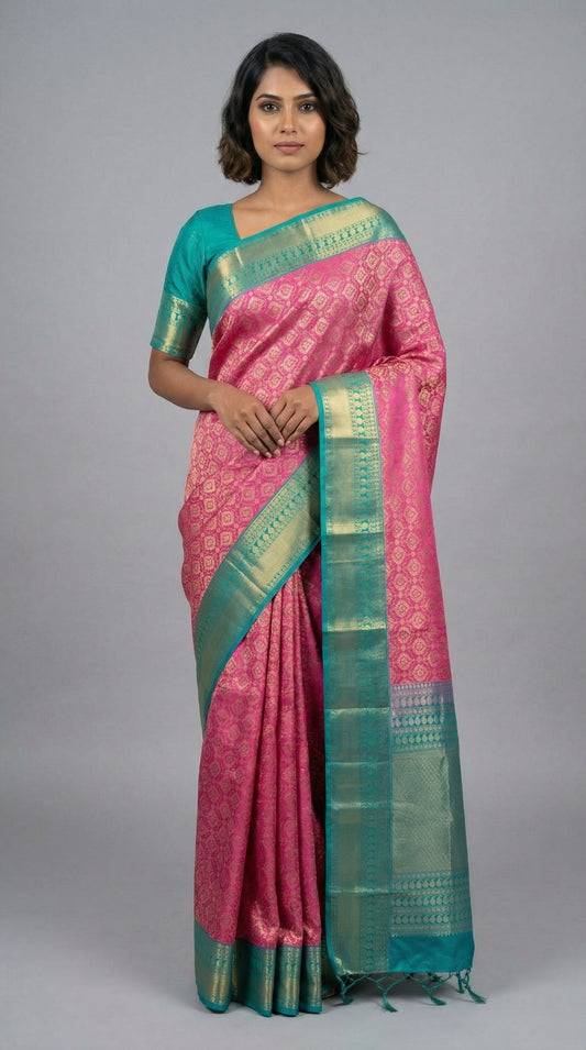Rose Pink and Dual tone green Designer soft silk saree