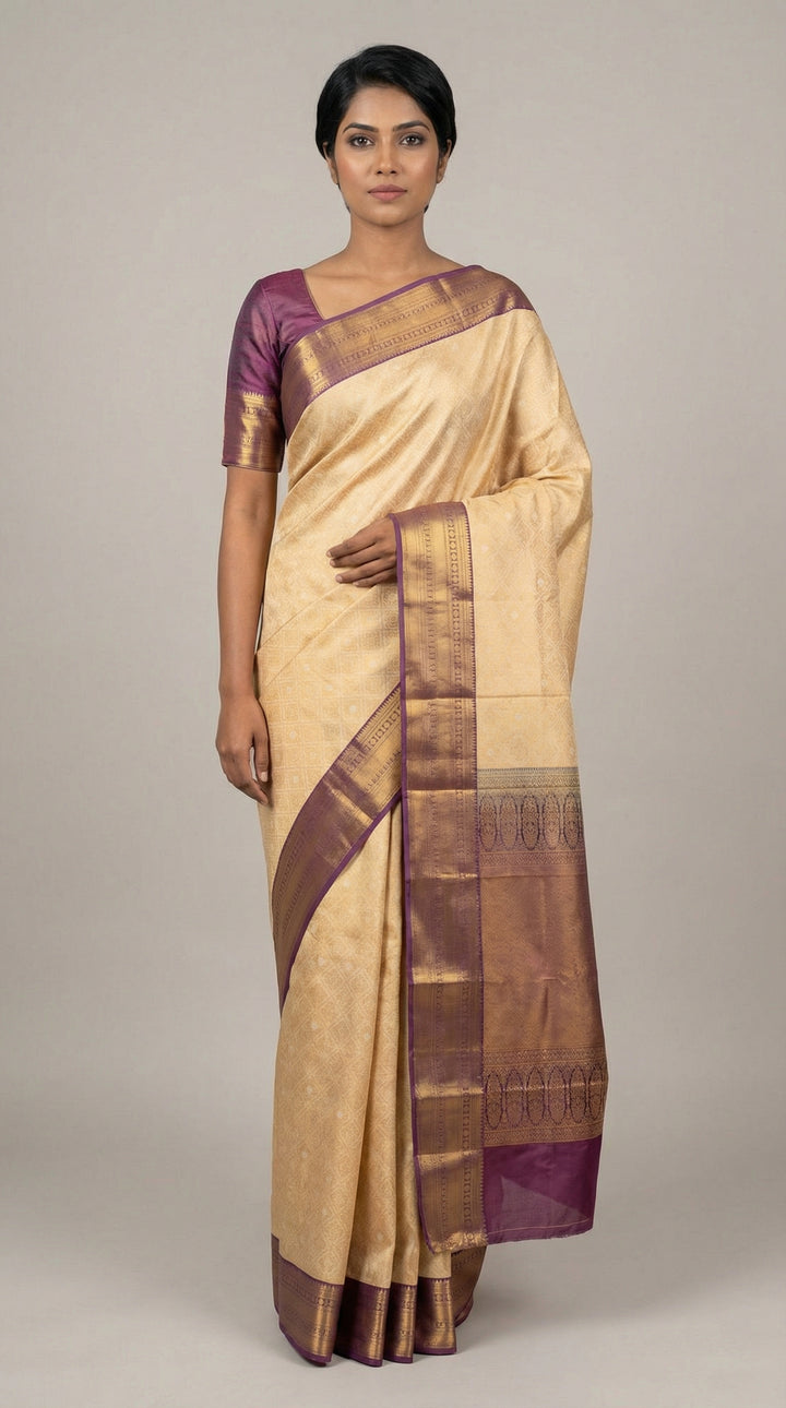 purple and cream soft silk saree