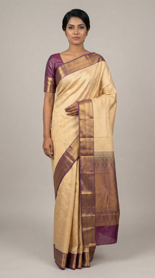 purple and cream soft silk saree