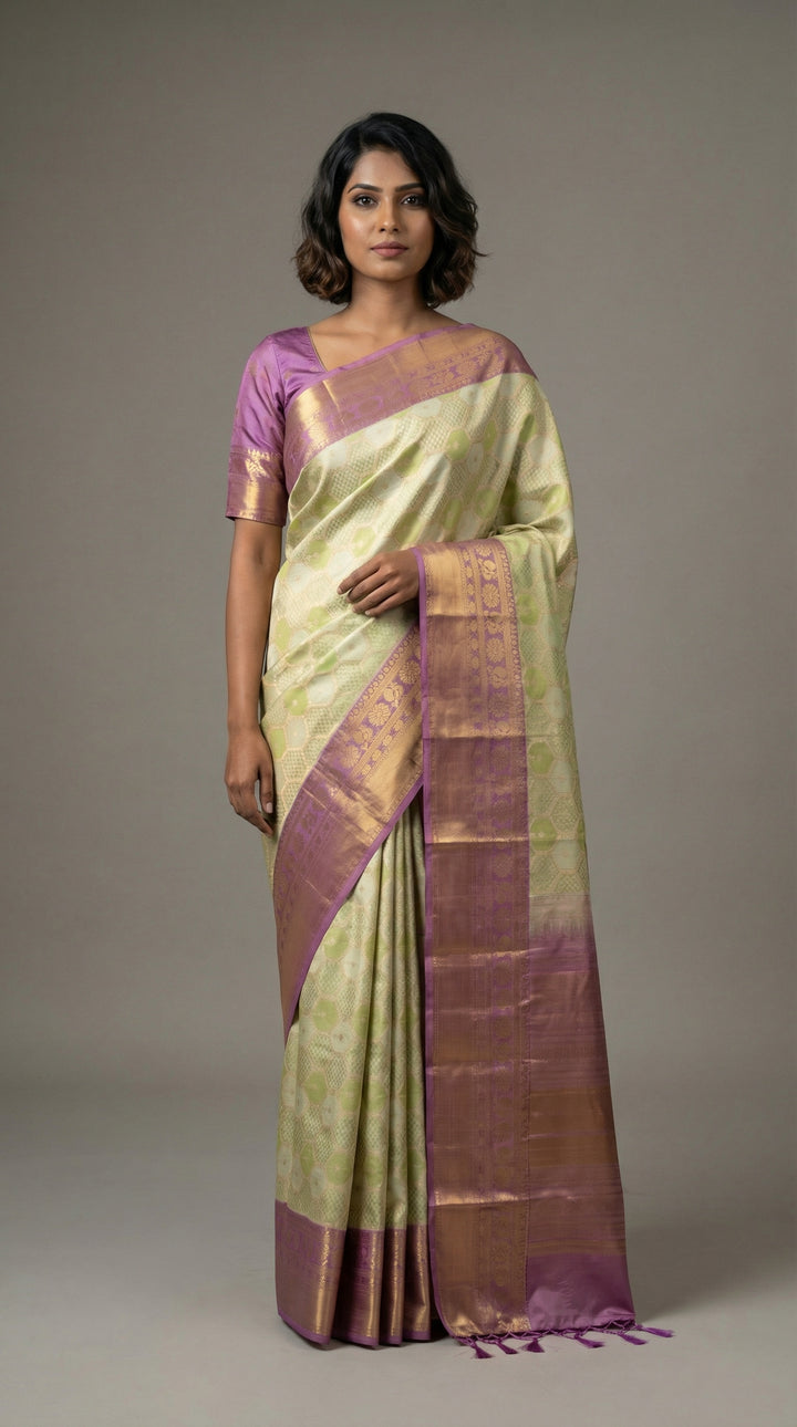 Pastel green and Mauve Lavender Designer soft silk saree