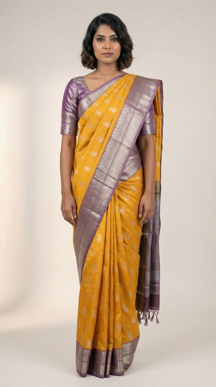 Mango yellow and Mauve Lavender soft silk saree
