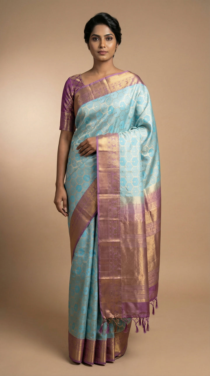 Baby Blue and purple kanchi soft silk saree