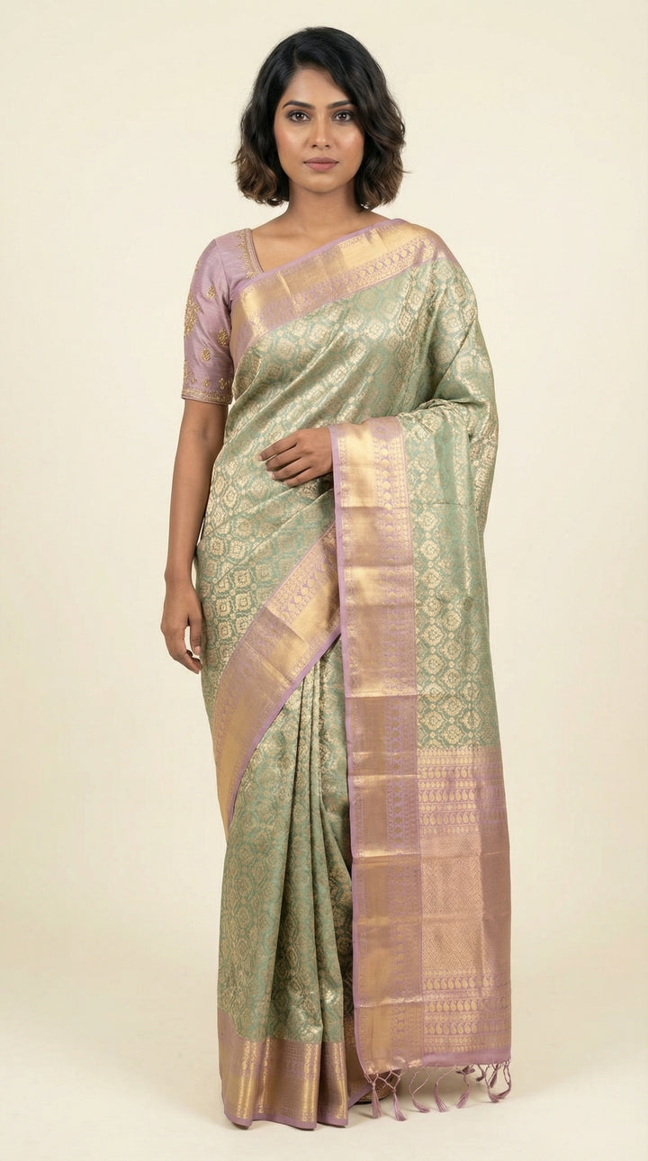 Basil green and Mauve soft silk saree