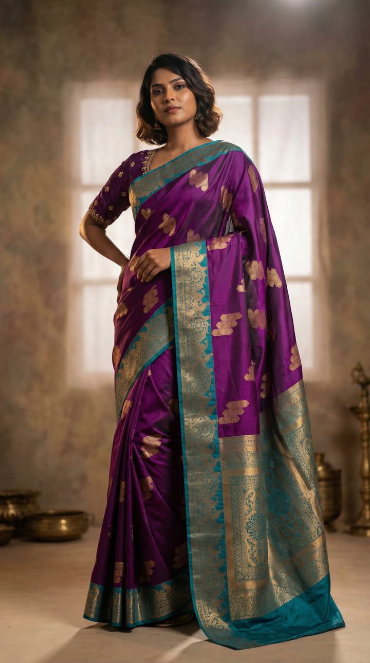 Dark Violet and Teal semi silk saree