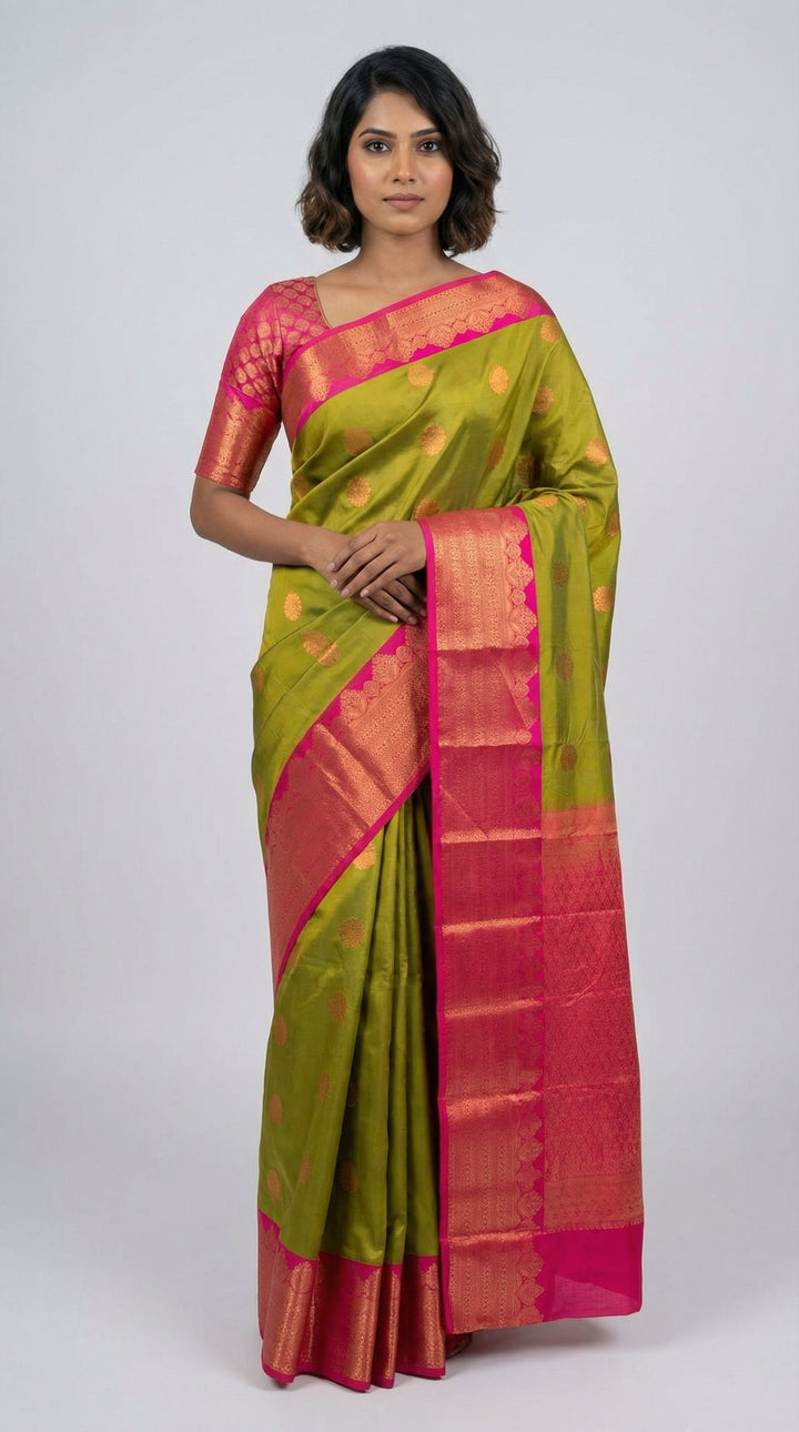 Elaichi Green And Pink Semi Silk Saree