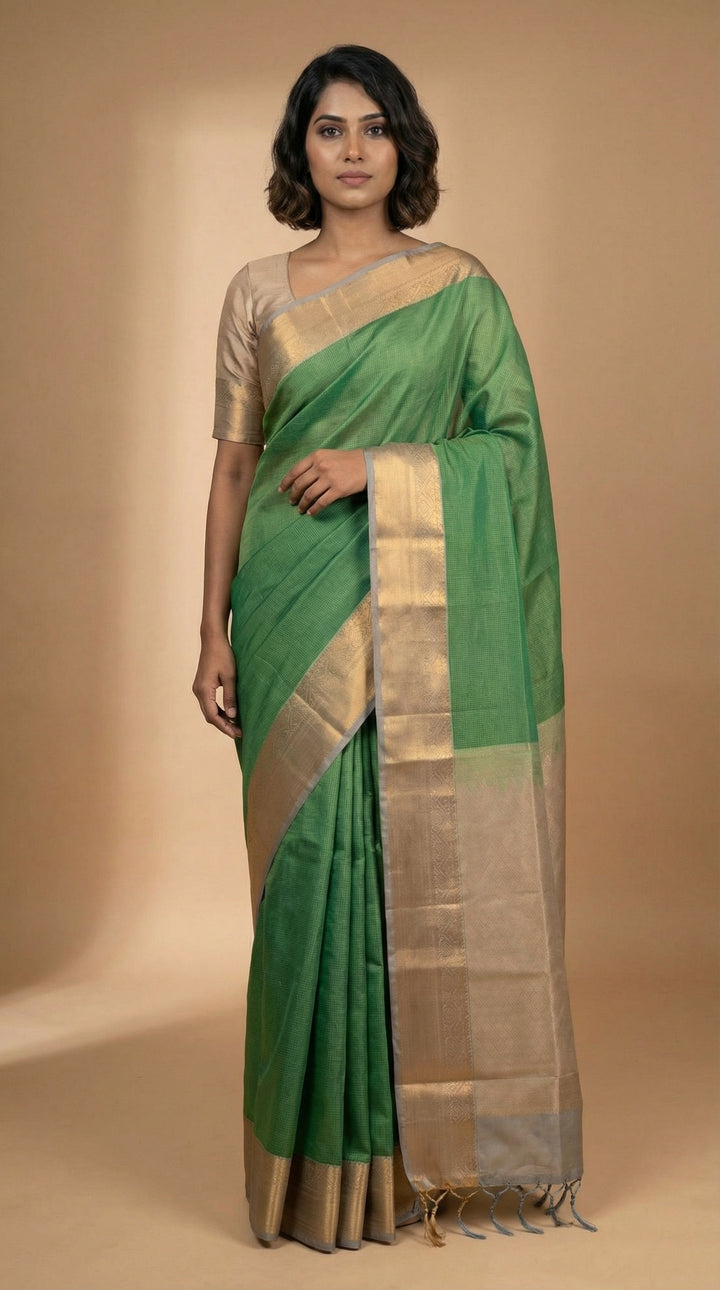 Jungle Green and Steel grey soft silk saree