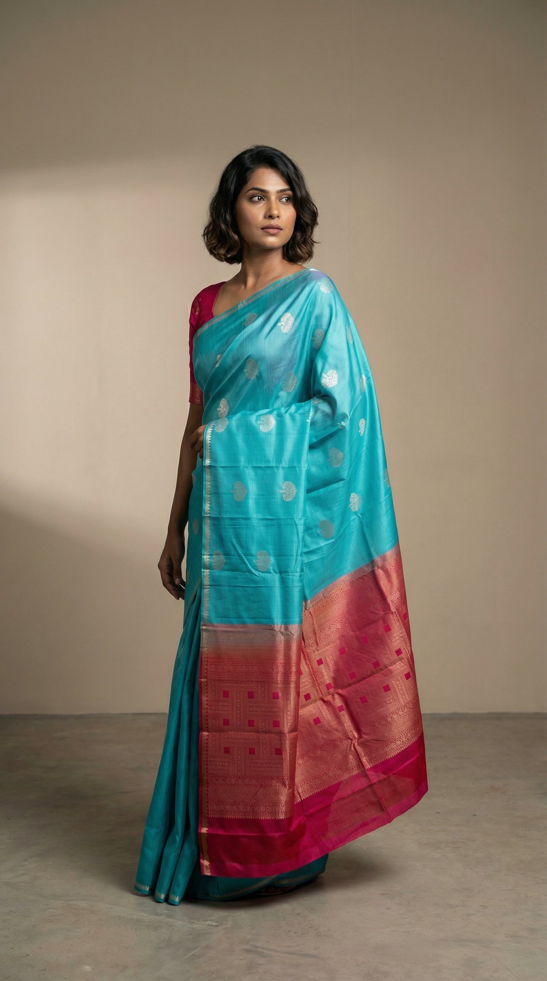 Aqua Blue and Reddish Pink Butta Pure Touch silk saree