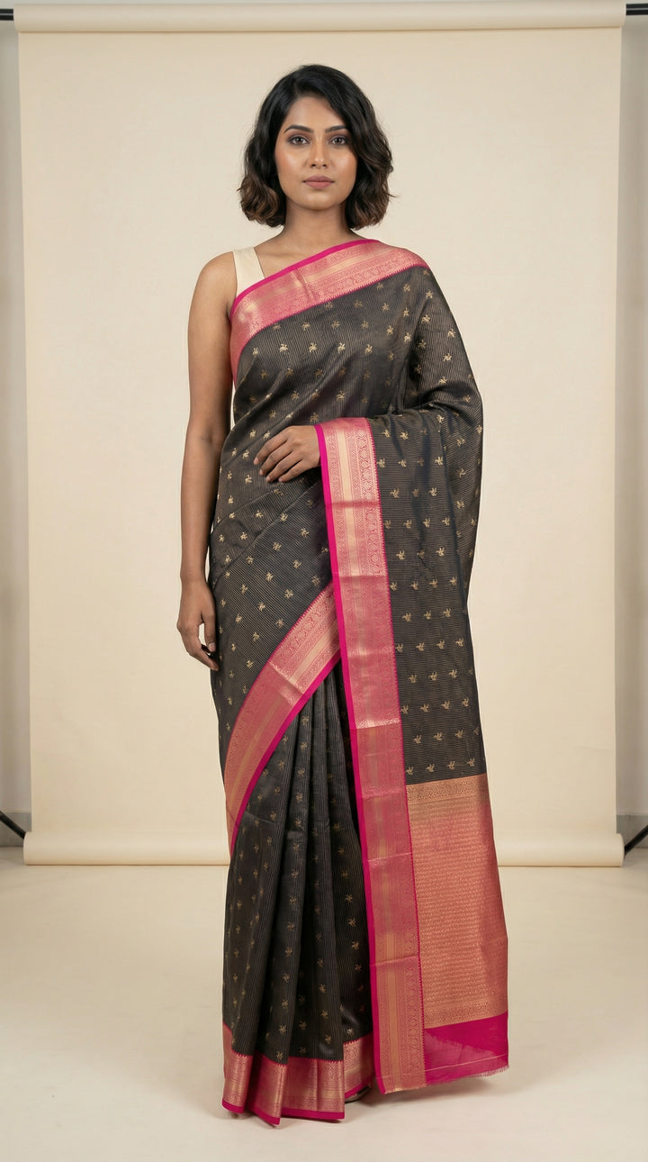 Black and Rani pink vairaoosi semi silk saree