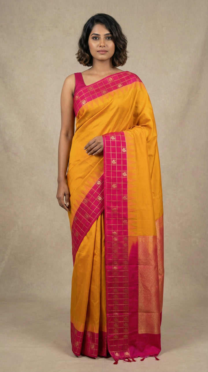 Turmeric Yellow Rani Pink Traditional semi silk saree