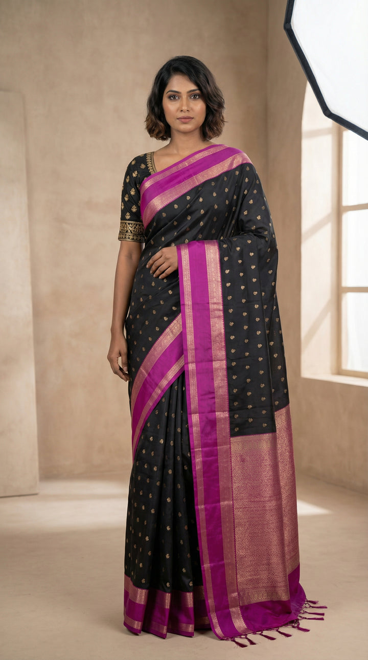 Black and Bright Purple Retta Patta Korvai Border semi silk saree