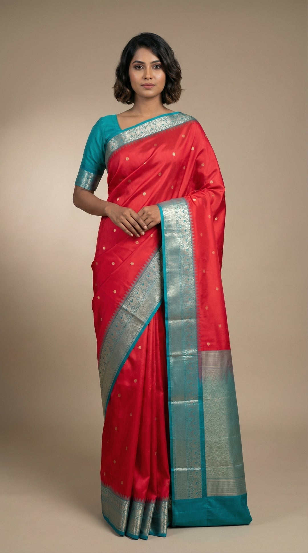 Milagai Pazham and Teal Green Small Border semi silk saree