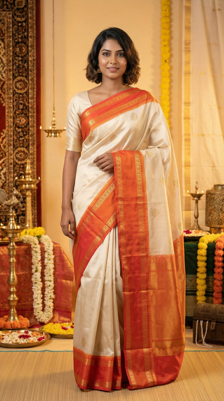 Pastel Green and Papaya Orange Koravi semi silk saree