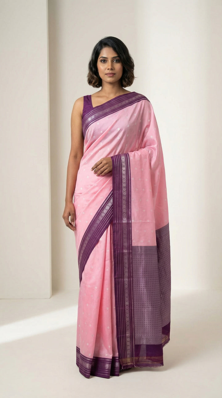 Baby Pink and Purple semi silk saree