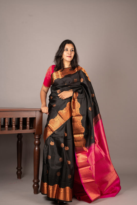 Black and Pink Pure Silk Saree