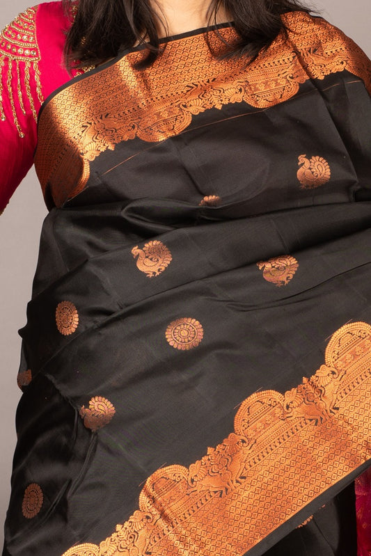 Black and Pink Pure Silk Saree