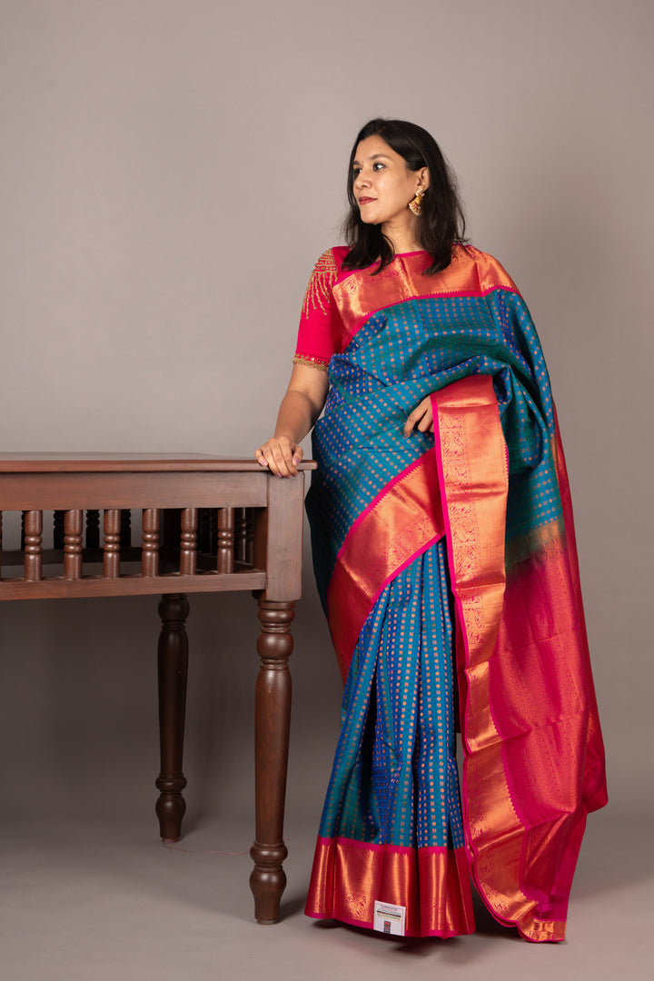 Blue and pink bridal silk saree