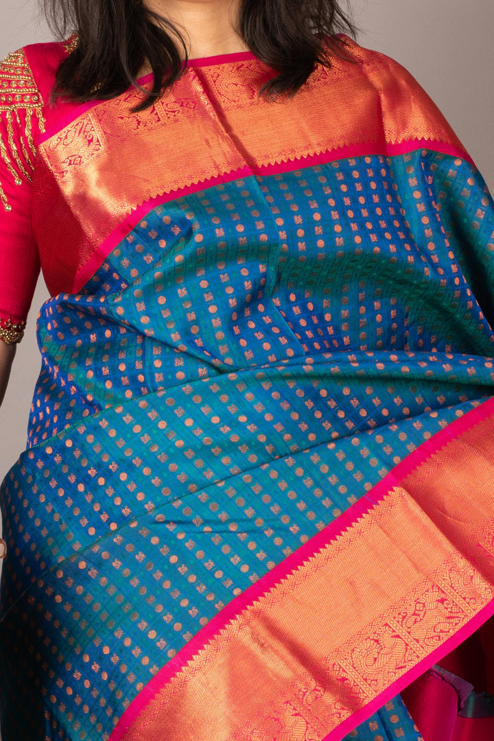 Blue and pink bridal silk saree
