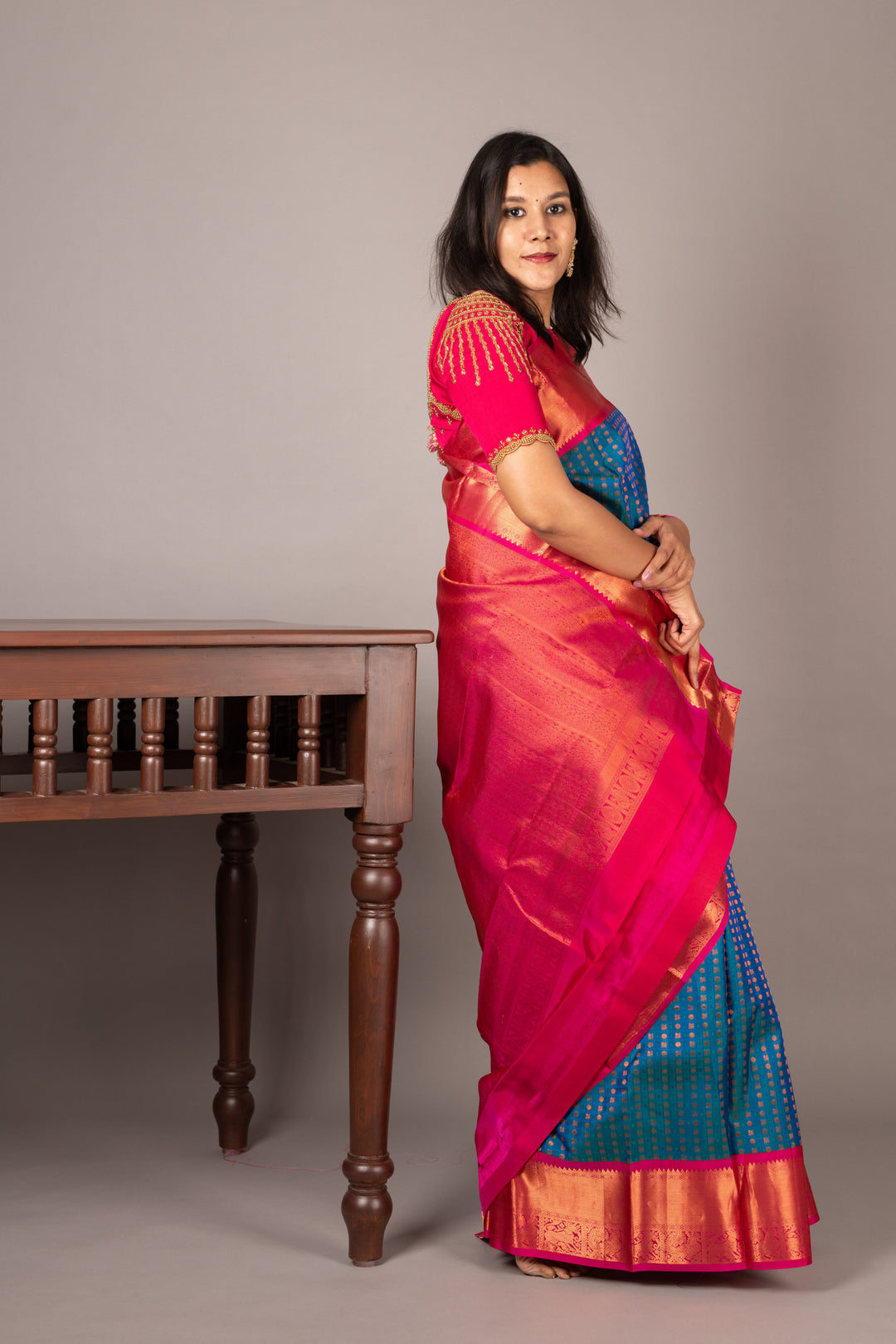 Blue and pink bridal silk saree