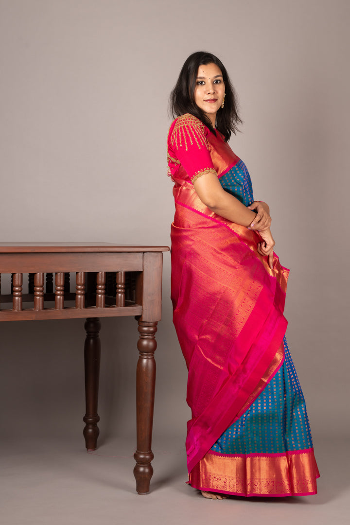 Blue and pink bridal silk saree