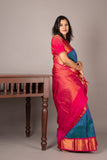 Blue and pink bridal silk saree