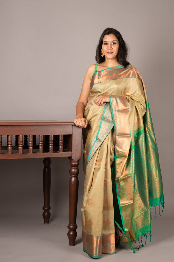 Pastel sage green silk saree