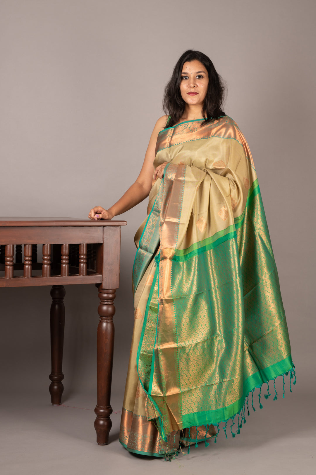 Pastel sage green silk saree