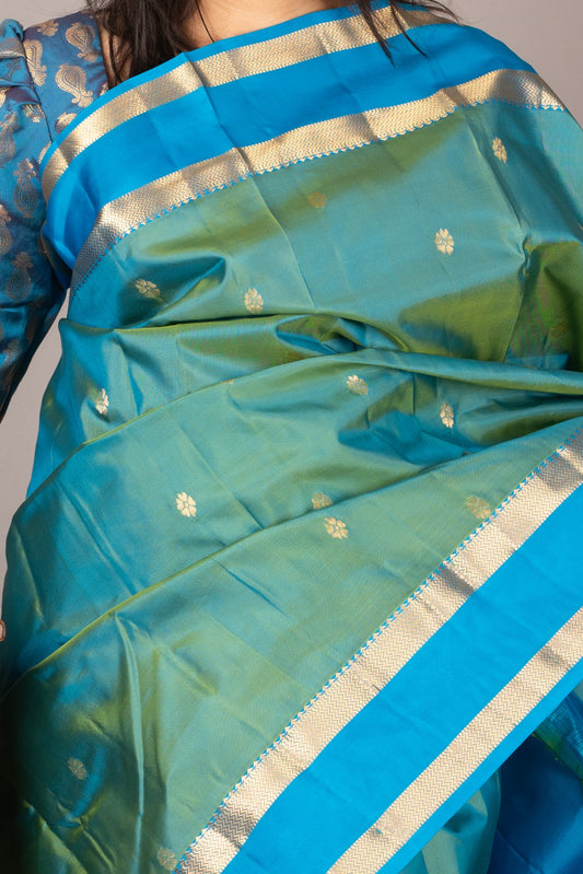 Peacock Blue Saree with Dual Tone Blouse