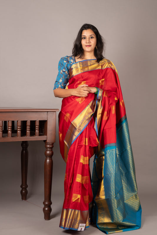 Red and blue silk saree