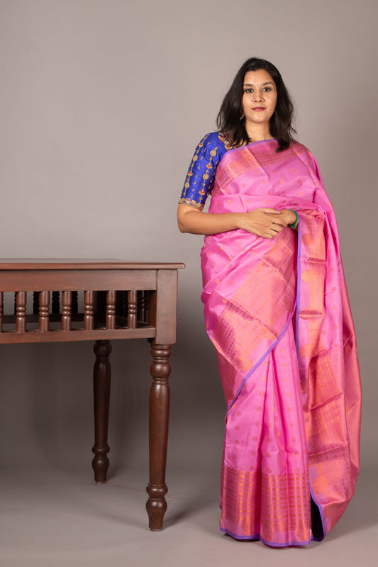 Dark Blue & Pink Kanchipuram Silk Saree