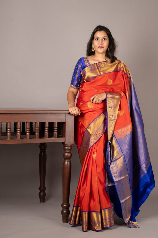 Blue and orange silk cotton saree