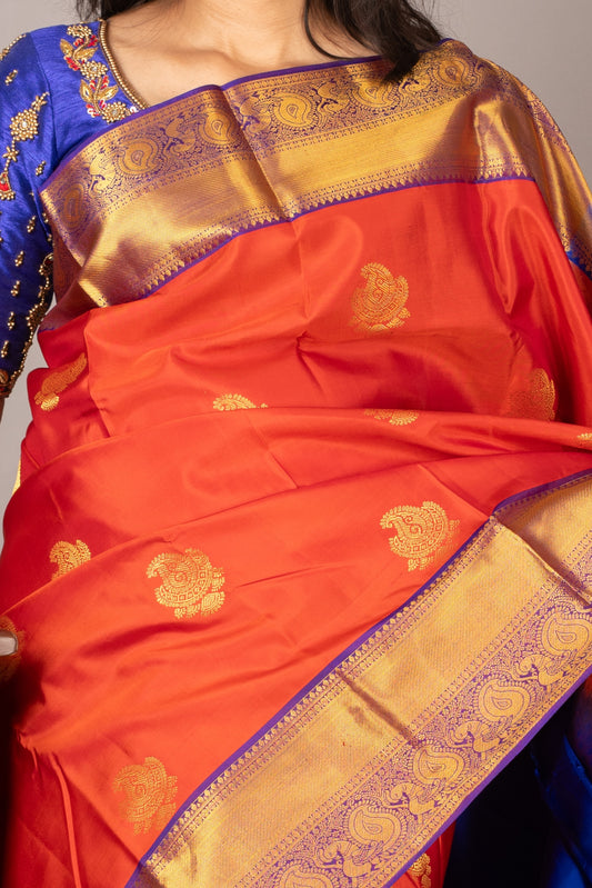 Blue and orange silk cotton saree
