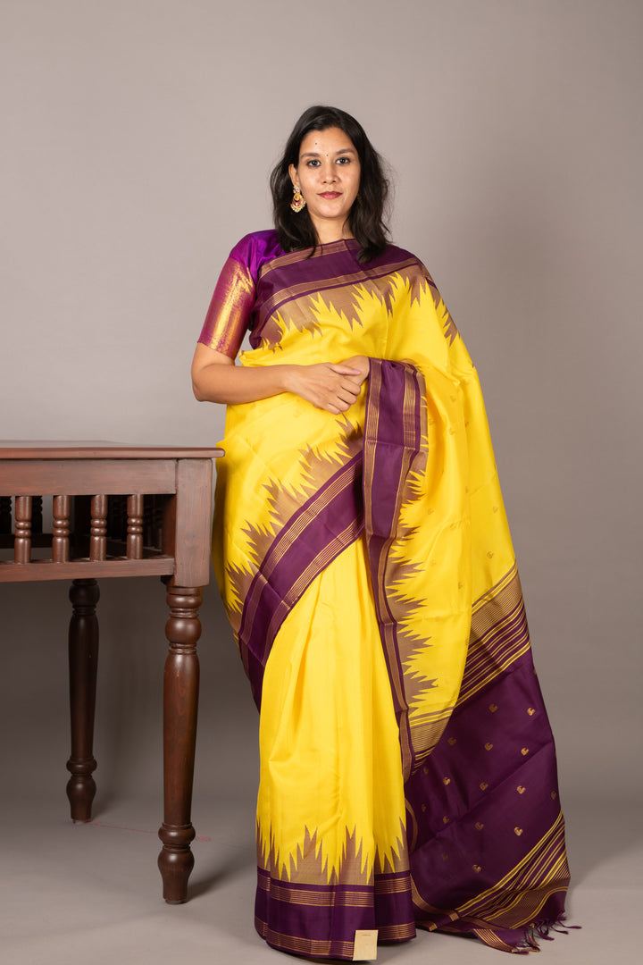 Bright Yellow and Purple Pure  kanjivaram silk saree