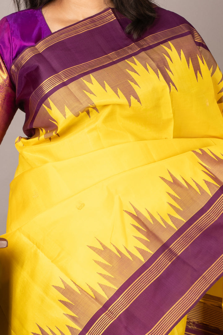 Bright Yellow and Purple Pure  kanjivaram silk saree