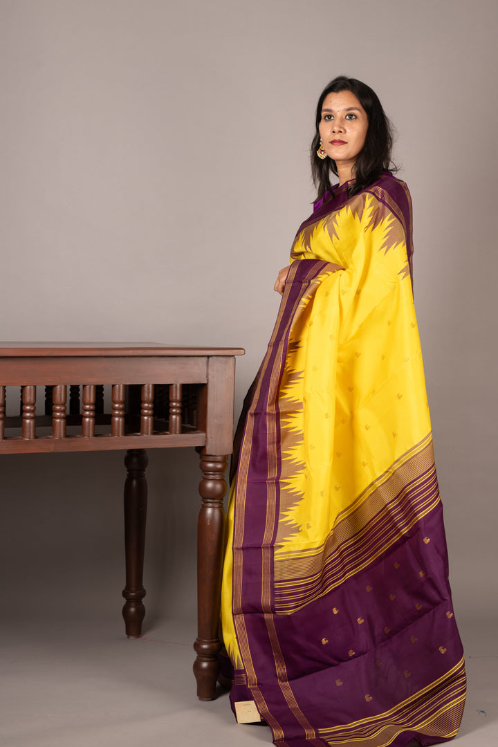 Bright Yellow and Purple Pure  kanjivaram silk saree