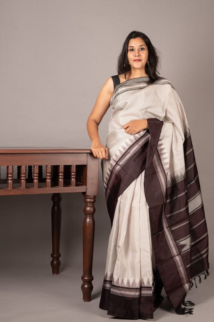 White and Night Brown Zero Zari Pure  kanjivaram silk saree