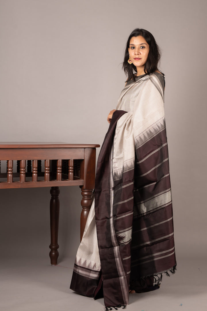 White and Night Brown Zero Zari Pure  kanjivaram silk saree
