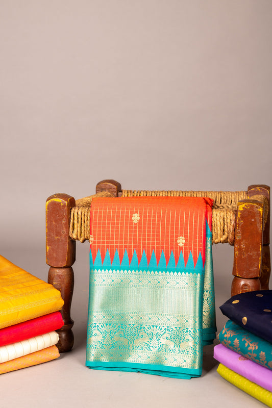 Teal and orange semi silk saree