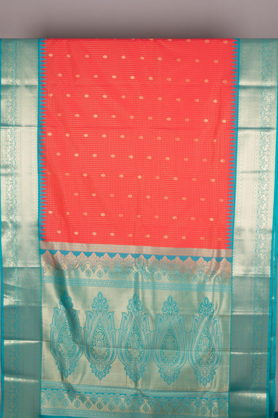 Teal and orange semi silk saree
