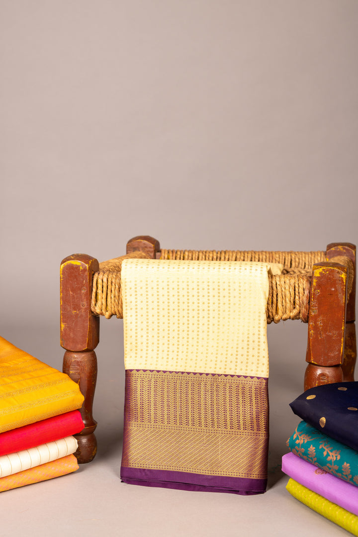 Off White And Purple Pure Touch Silk Saree