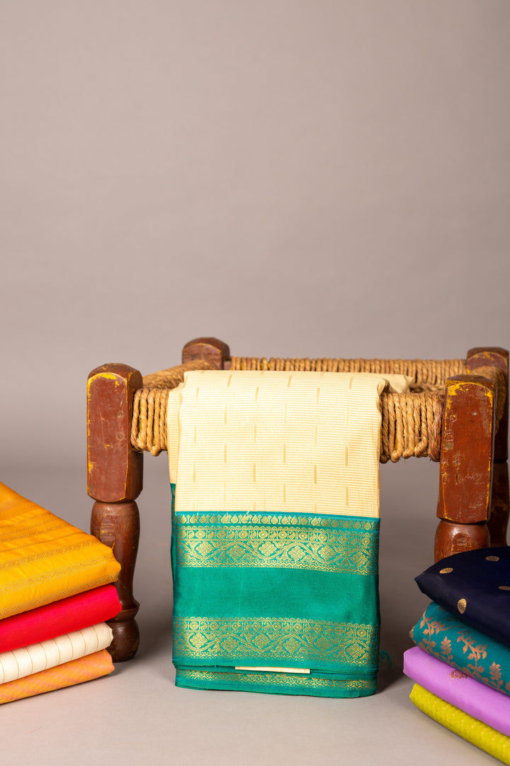 Offwhite Teal Semi Silk Saree