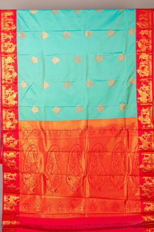 Pastel blue and pink semi silk saree