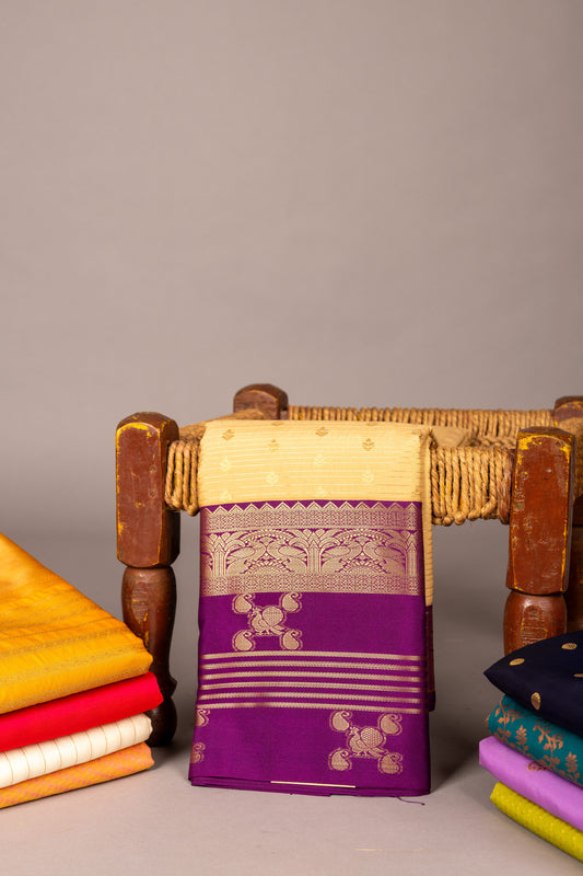 cream and purple designer semi silk saree
