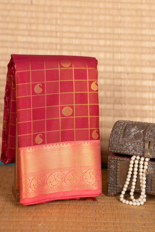 Carmine red and peach soft silk saree