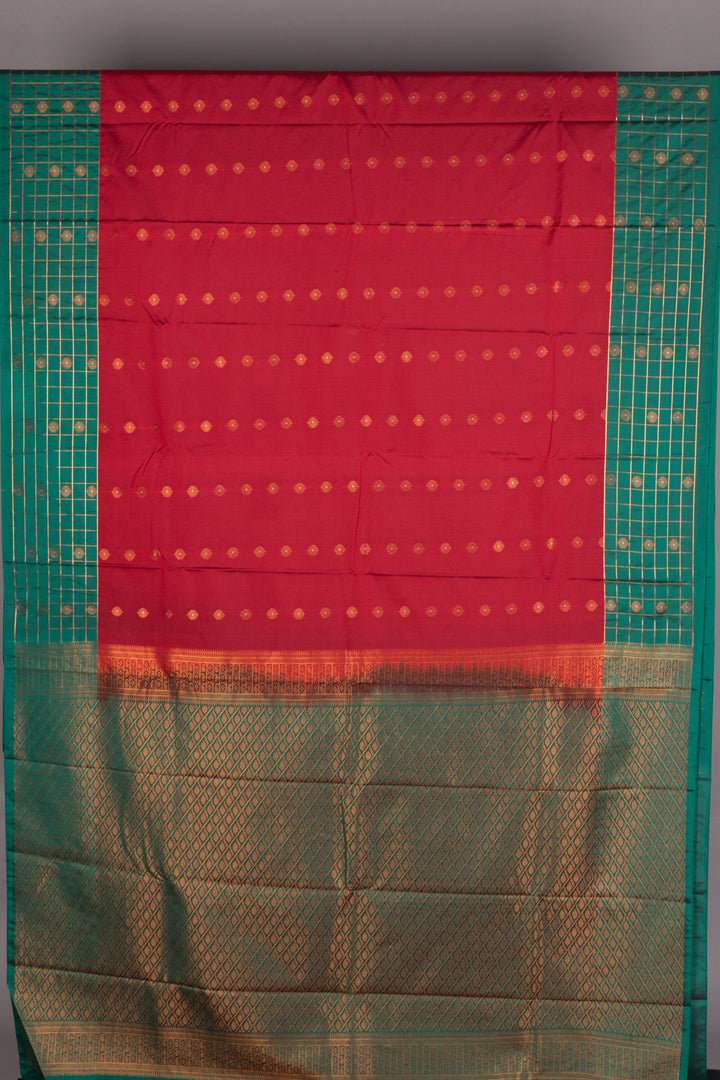 Cherry red and green korvai semi silk saree