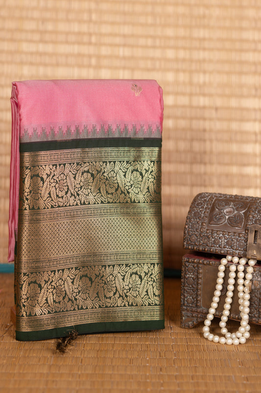 Flamingo Pink and Green Semi Silk Saree