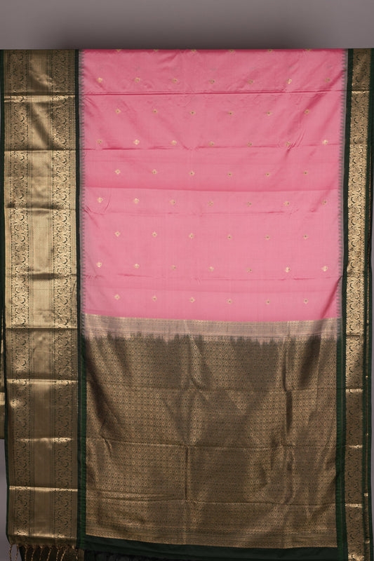Flamingo Pink and Green Semi Silk Saree