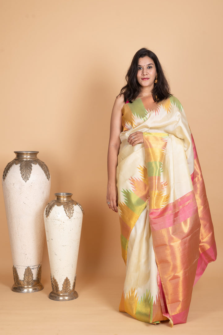 Dover white and Pastel Pink Kanjivaram Pattu Saree