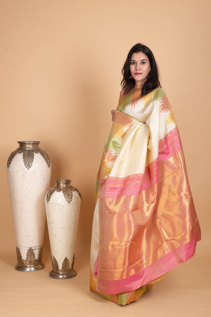 Dover white and Pastel Pink Kanjivaram Pattu Saree