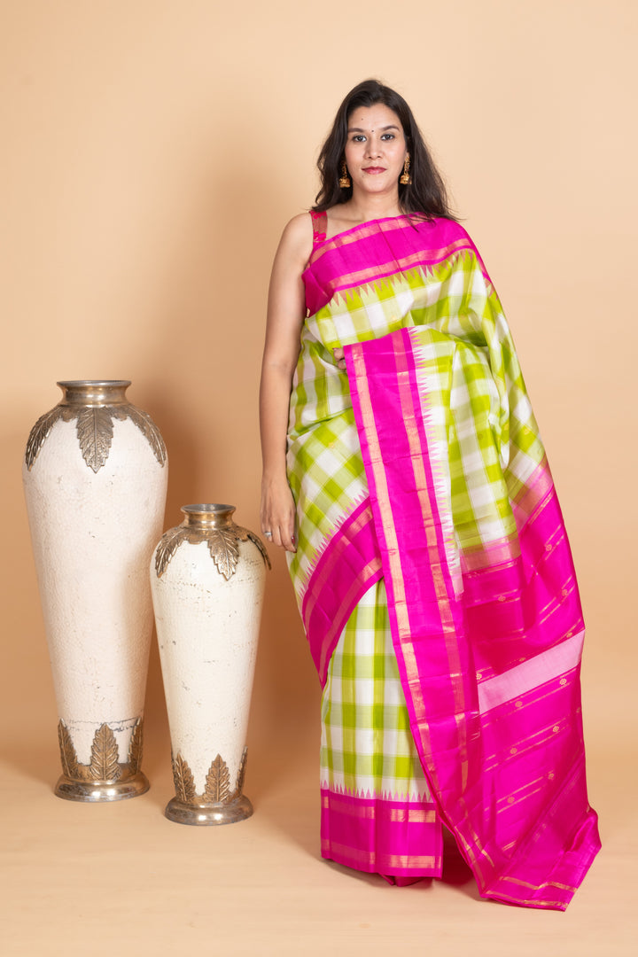 Lime Green and Deep Pink Kanjivaram Pattu Saree